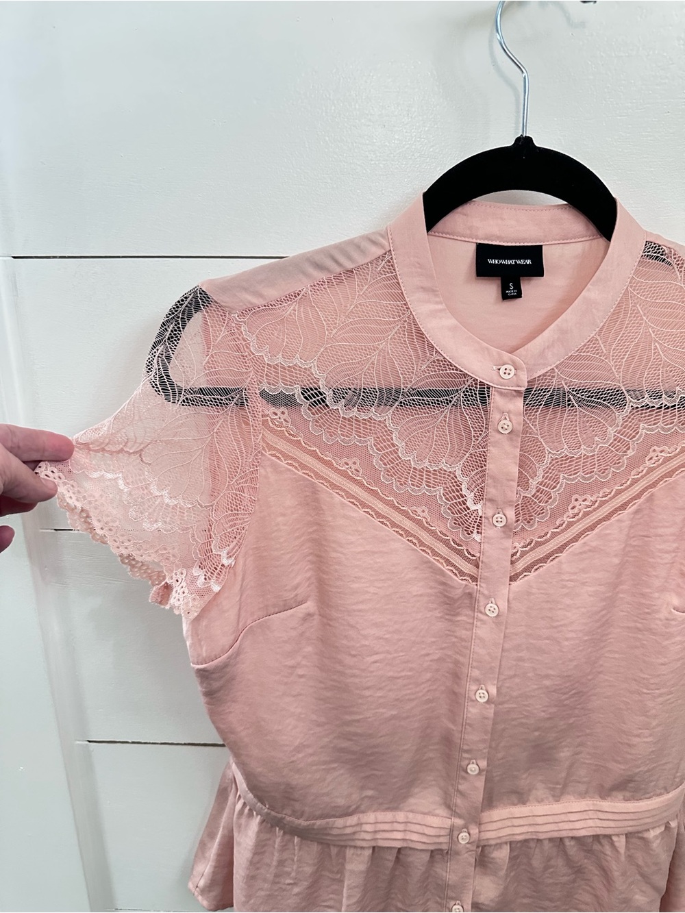 WHOWHATWEAR S Peplum yoke pink lace detail short sleeve ruffle waist button top - Picture 5 of 12